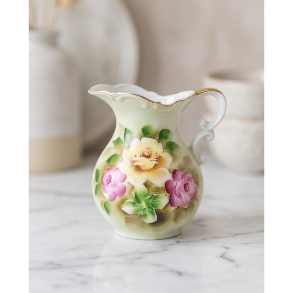 Vintage Norcrest Japan L327 Hand Painted Floral Pitcher Gold Trim Small Creamer